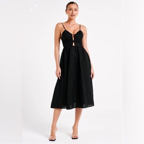 Meshki Magdelena Linen Cutout Minimalist Midi Dress Black Large - L NWT - Picture 1 of 10